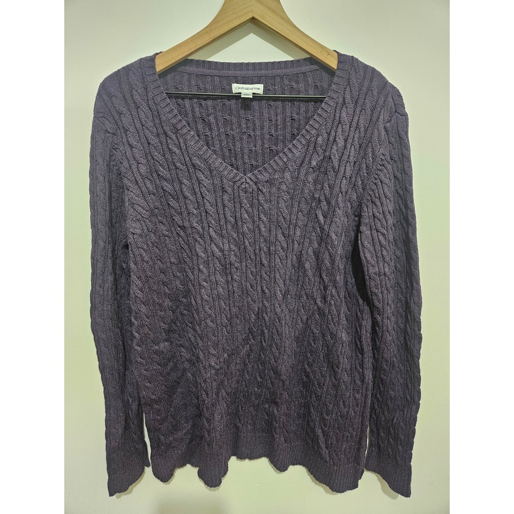 Croft & Barrow Womens Purple Cable Knit V-Neck‎ 100% Cotton Sweater Large